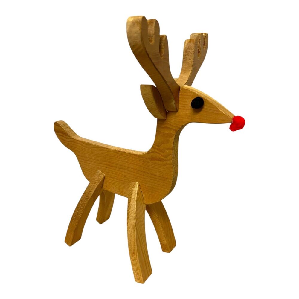 MCM Handmade Wooden Reindeer Rudolph Pom Eyes 16” Puzzle Statue Kitsch Atomic - Picture 4 of 9